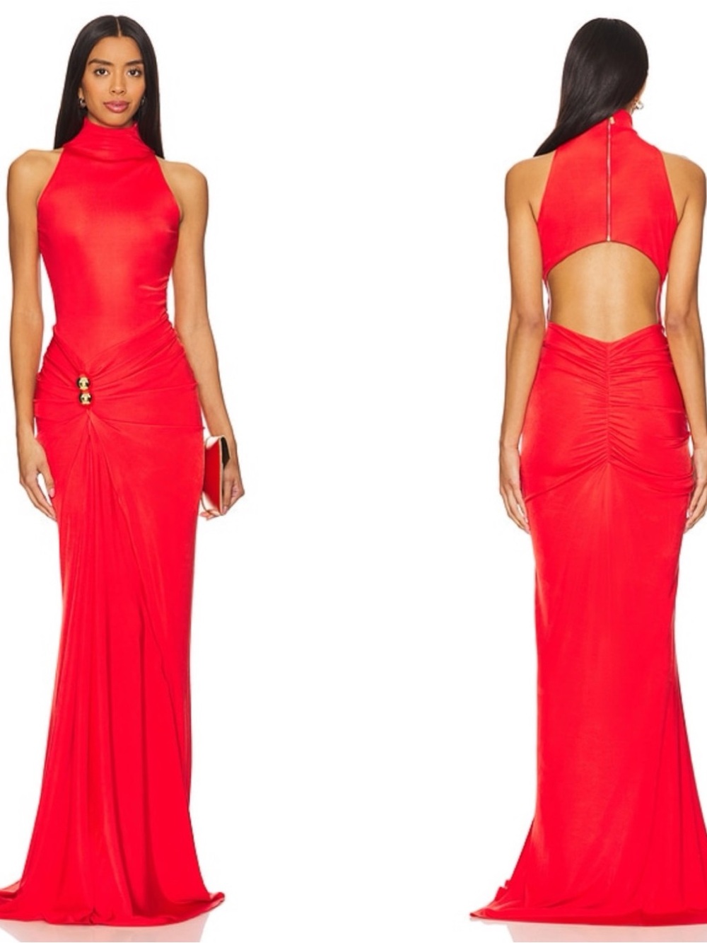 SILVIA TCHERASSI Frances Ruched Gold Detail Sleeveless Maxi Gown Size Large